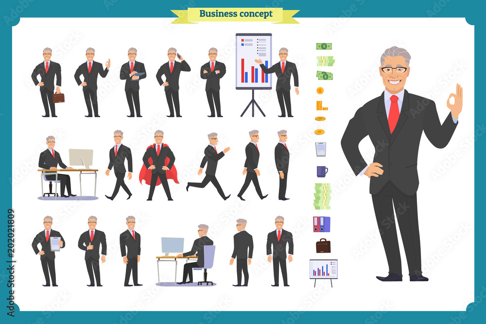 Front, side, back view animated character. Manager character creation set with various views, hairstyles, face emotions, poses and gestures. vector illustration.People character Front, side, back view animated character. Manager character creation set with various views, hairstyles, face emotions, poses and gestures. vector illustration.People character