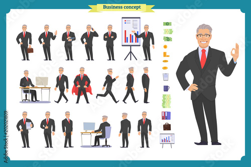 Front  side  back view animated character. Manager character creation set with various views  hairstyles  face emotions  poses and gestures. vector illustration.People character