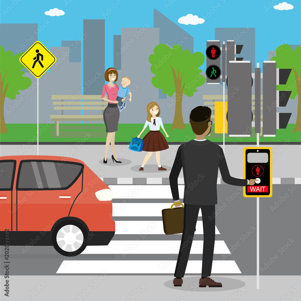 Fotografie Different pedestrians in a crosswalk,