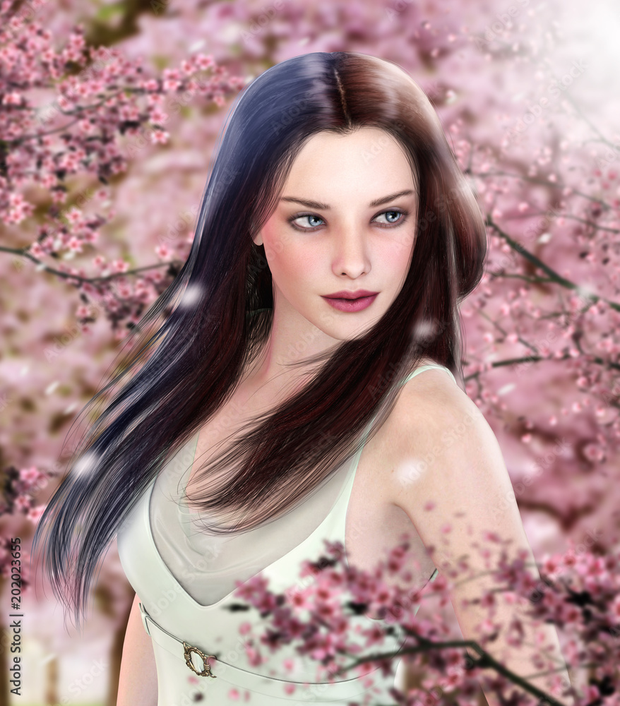 Beautiful woman walking in cherry orchard Beautiful woman walking in cherry orchard