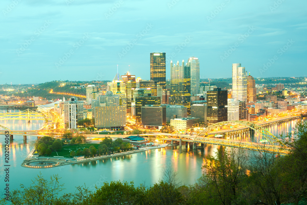 Panoramic view of Pittsburgh and the 3 rivers at night, Pittsburgh, Pennsylvania, USA