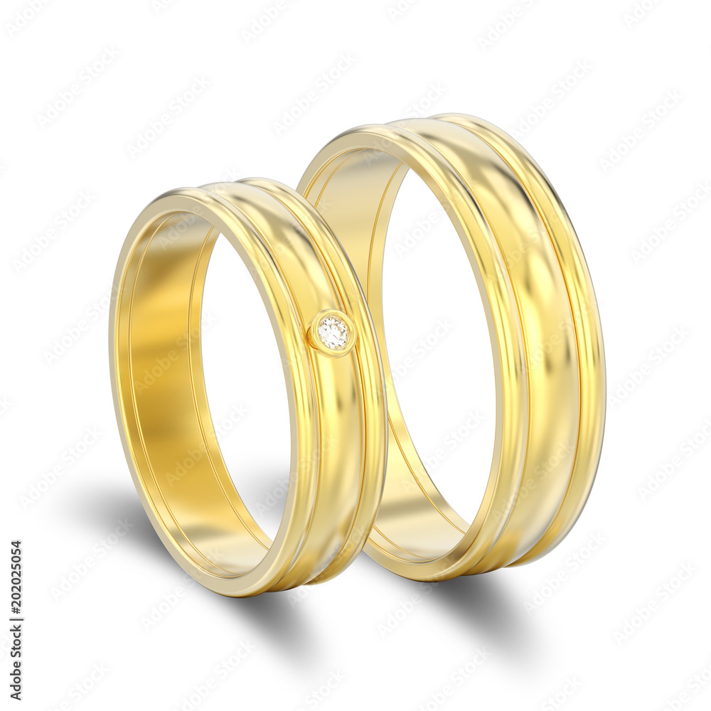 3D illustration isolated two gold matching couples wedding rings with shadow on a white background 3D illustration isolated two gold matching couples wedding rings with shadow on a white background