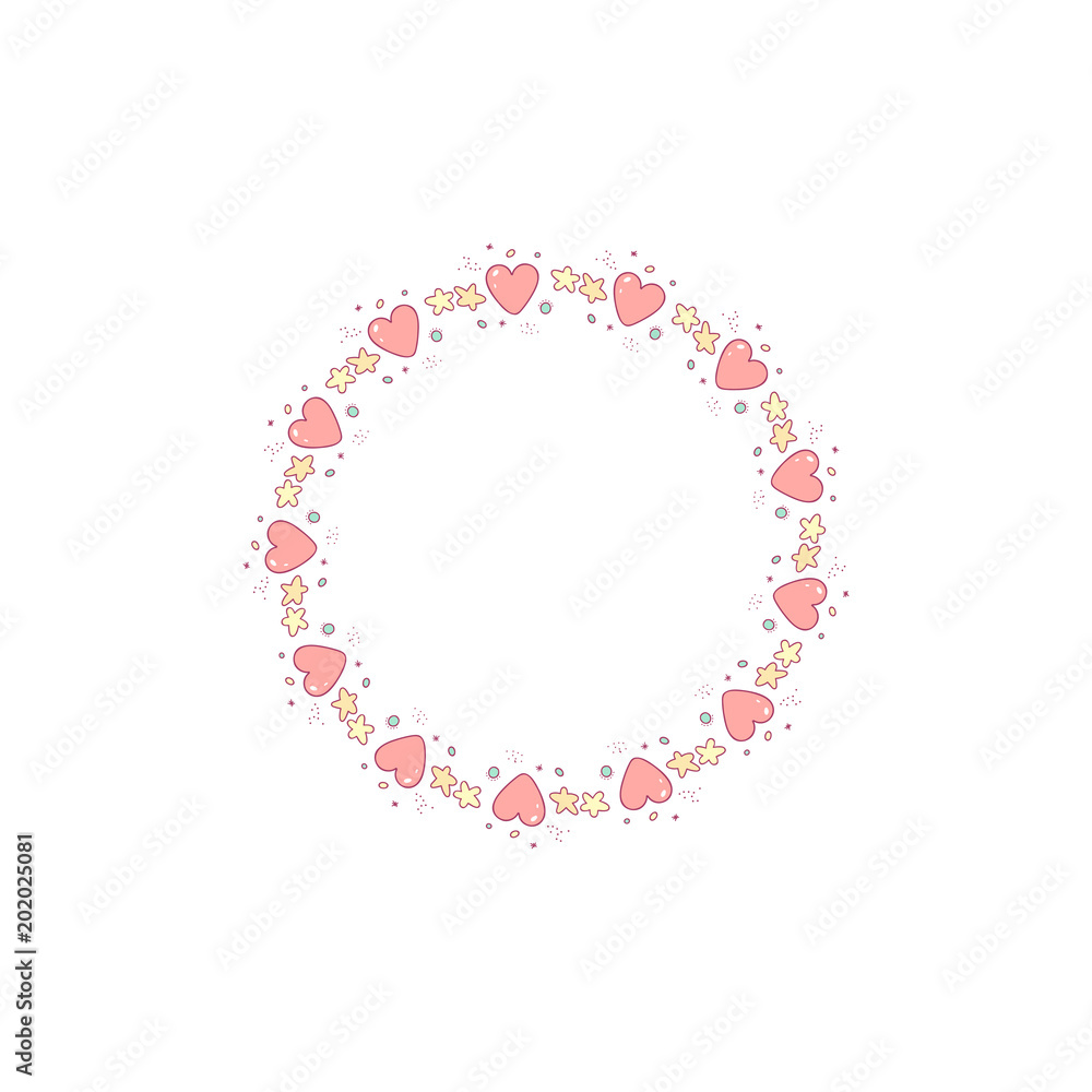 Vector cartoon wreath with hearts, stars and little particles Vector cartoon wreath with hearts, stars and little particles