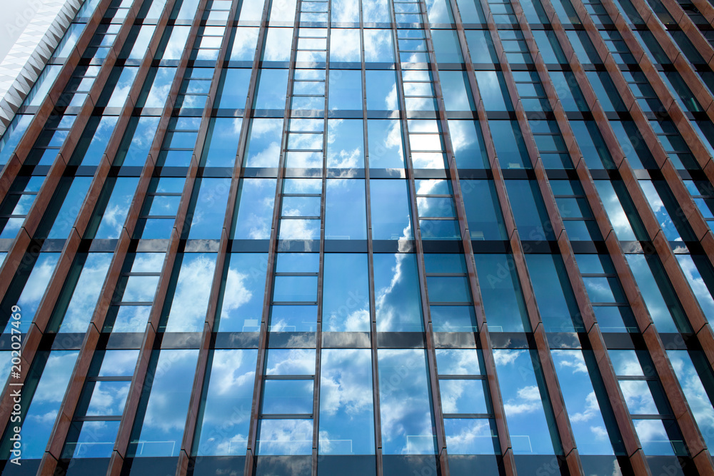 A large glass building with a reflection of the blue sky. Abstract blue background. Office building on a sunny day A large glass building with a reflection of the blue sky. Abstract blue background. Office building on a sunny day