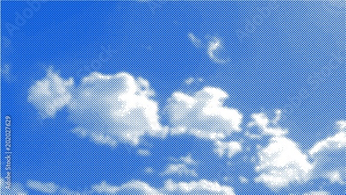 Vector background. White clouds in the blue sky. Halftone effect. Vector illustration.