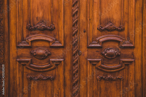 old wooden brown doors in building in Rome, Italy