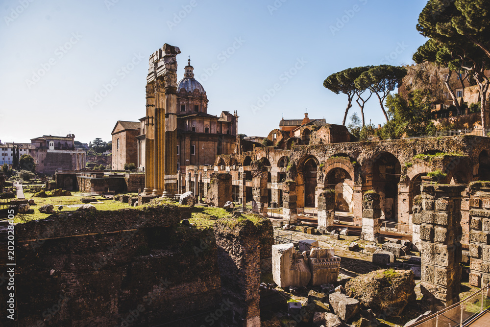 Saint Luca Martina church and arch at Roman Forum ruins in Rome, Italy