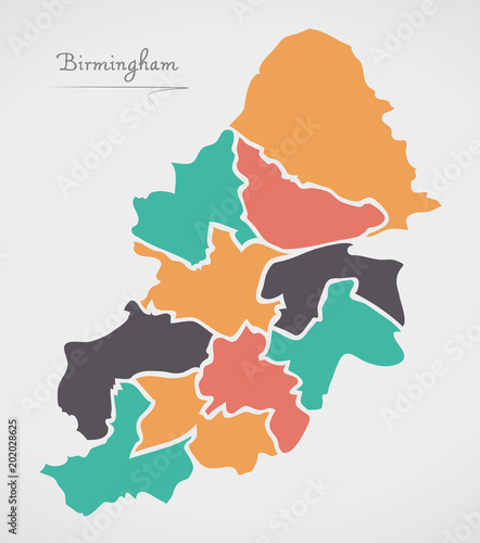 Photo Birmingham Map with boroughs and modern round shapes