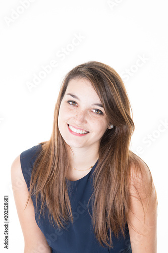 Beautiful charming young casual woman looking happy on white background