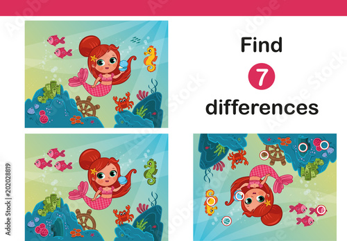 Find 7 differences education game for children, featuring little mermaid.(Vector illustration)
