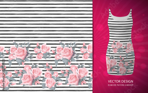 Seamless pattern with pink roses border on white background with strip grunge texture. Roses pattern, used on short dress mock up.