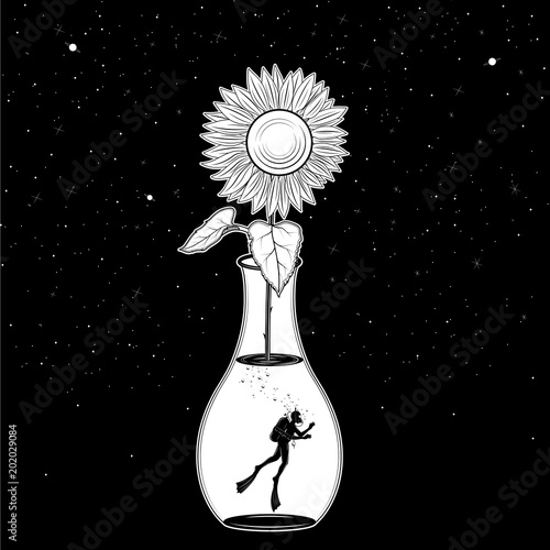 Scuba diving silhouette in jar of sunflower on galaxy and star background. vector illustration isolated. Sport underwater. Diving school, Scuba school. tattoo design. for freedom.