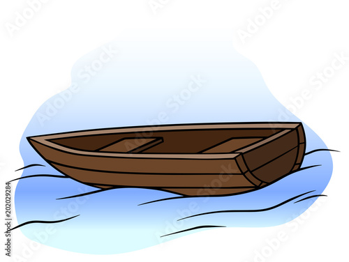 Cartoon wooden rowboat on water