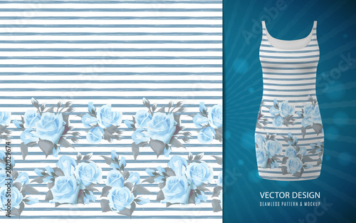 Seamless pattern with blue roses border on white background with strip grunge texture. Roses pattern, used on short dress mock up.