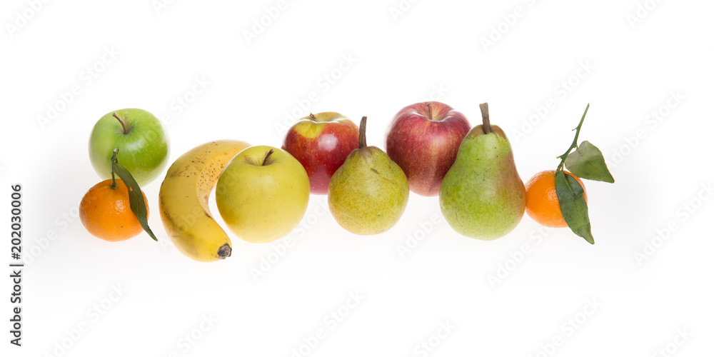 autumn fruits and winters on a white background with clementine banana and mandarin pear apples autumn fruits and winters on a white background with clementine banana and mandarin pear apples