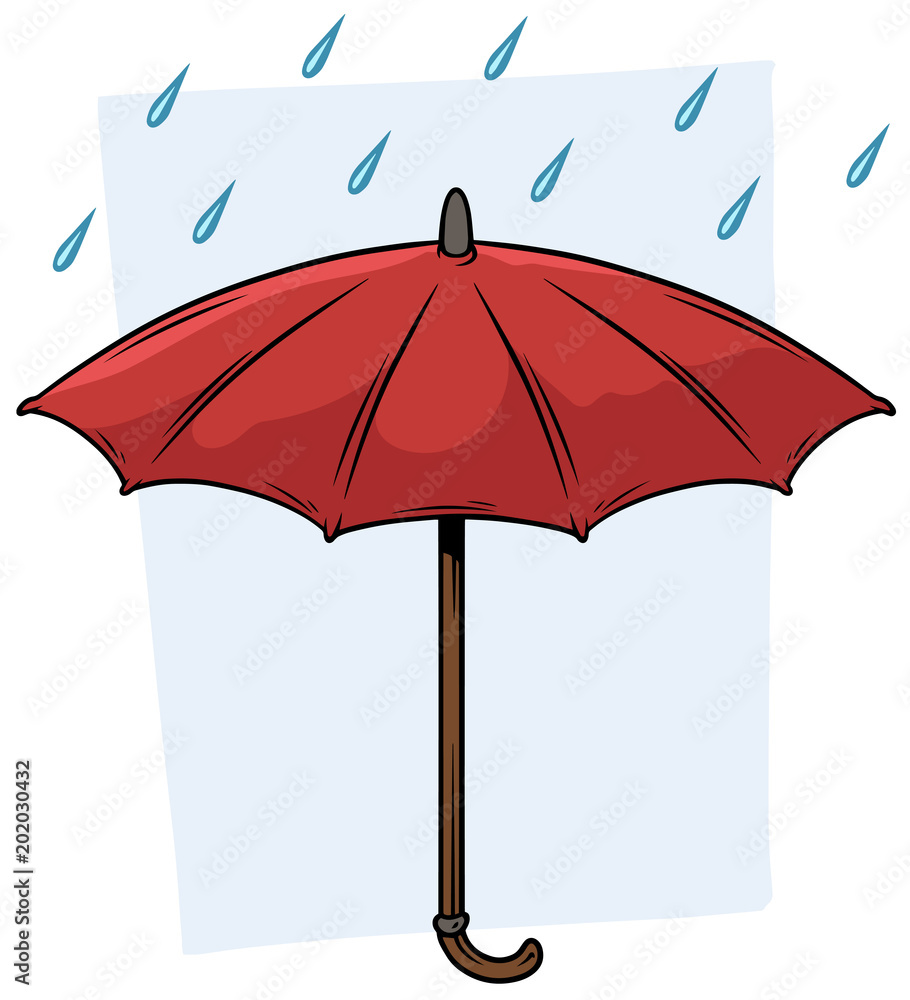 Cartoon red umbrella with raindrops vector icon