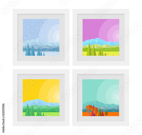 vector flat illustration of paintings in frames with nature seasons: summer, autumn, winter, spring, backgrounds, abstract mountain landscapes