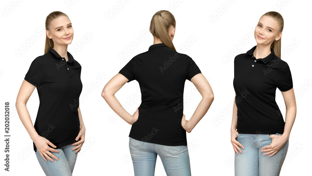 Set promo pose girl in blank black polo shirt mockup design for print and  concept template young woman in T-shirt front and half turn side back view  isolated white background Stock Photo