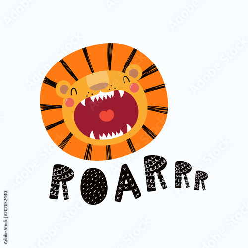 Hand drawn vector illustration of a cute funny lion face with open mouth, lettering quote Roar. Isolated objects. Scandinavian style flat design. Concept for children print.