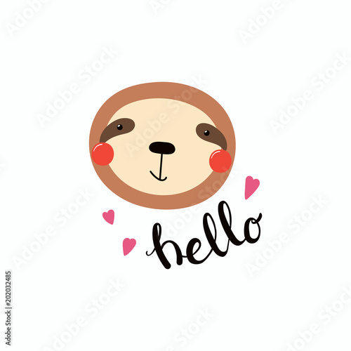 Hand drawn vector illustration of a cute funny sloth face, with hearts, lettering quote Hello. Isolated objects. Scandinavian style flat design. Concept for children print.