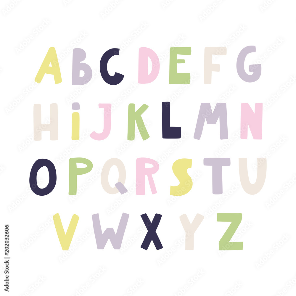 Hand drawn latin alphabet in Scandinavian style with pastel colored capital letters. Make your own lettering. Isolated on white background. Vector illustration. Design concept for typographic poster.