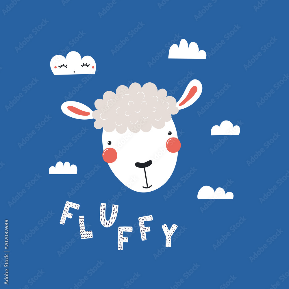 Hand drawn vector illustration of a cute funny sheep face, with clouds,  lettering quote Fluffy. Isolated objects. Scandinavian style flat design.  Concept for children print. Stock Vector | Adobe Stock