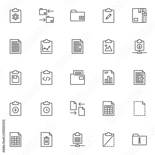 Files and folders outline icons set. linear style symbols collection, line signs pack. vector graphics. Set includes icons as clipboard with cog gear, data exchange, document file, business chart © alekseyvanin