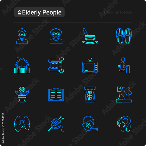 Elderly people thin line icons set: grandmother, grandfather, glasses, slippers, knitting, rocking chair, hearing aid, flowers. Modern vector illustration for black theme.