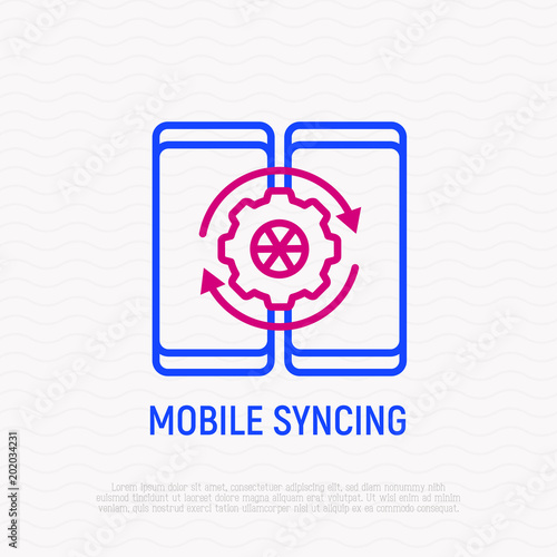 Two mobile devices are syncing. Thin line icon. Modern vector illustration of data exchange.