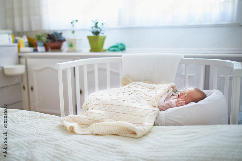 Newborn baby having a nap in co sleeper crib attached to parents