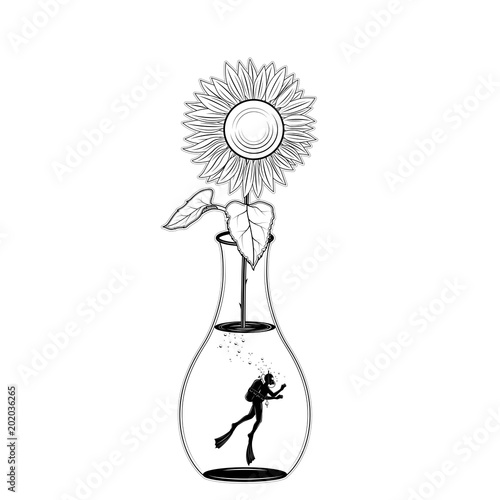 Scuba diving silhouette in jar of sunflower on white background. vector illustration isolated. Sport underwater. Diving school, Scuba school. tattoo design. for freedom.