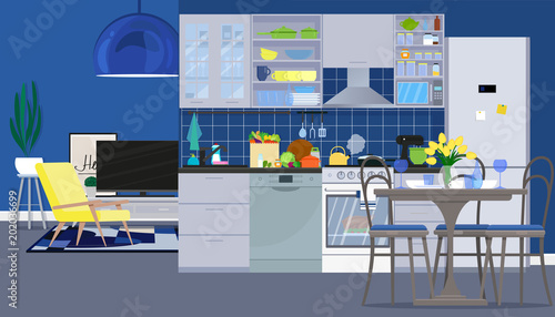 Interior design of the kitchen with dining room and living room with furniture. Vector flat illustration.