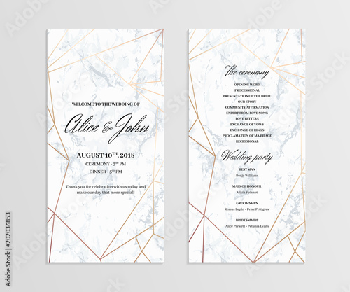 Double-sided wedding program template. Geometric design in rose gold on the marble background. Dimensions 4x8 inch. Seamless marble pattern in the palette.