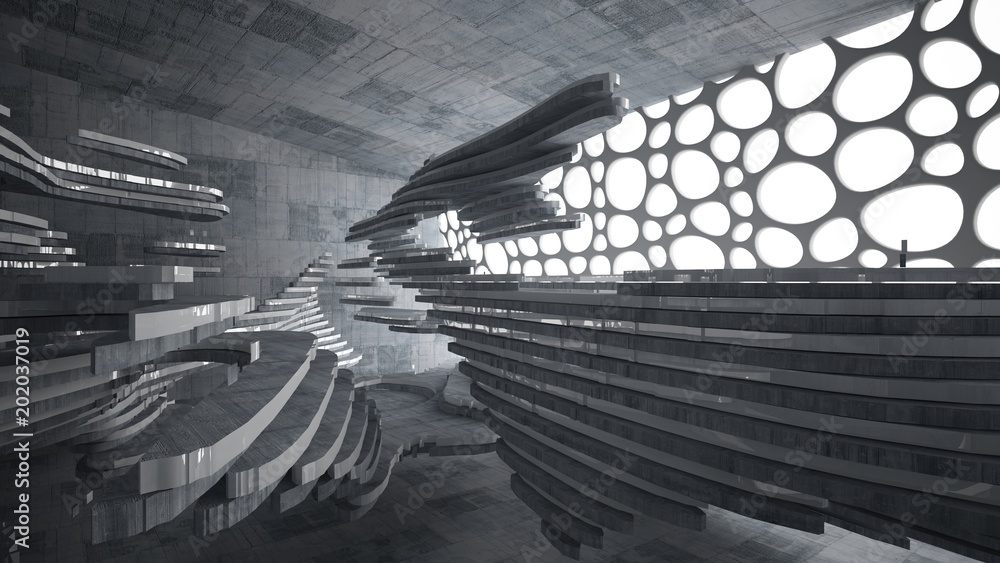 Fototapeta premium Abstract white and concrete parametric interior with window. 3D illustration and rendering.