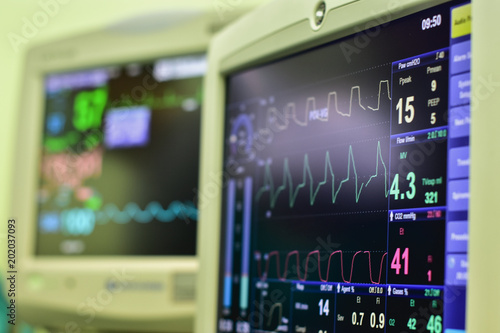 EKG monitor in intra aortic balloon pump machine in icu on blur background, Brain waves in electroencephalogram, heart rate wave
