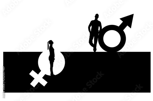 Vector silhouette of a superior man over a woman who stands in a pit out of a gender symbol