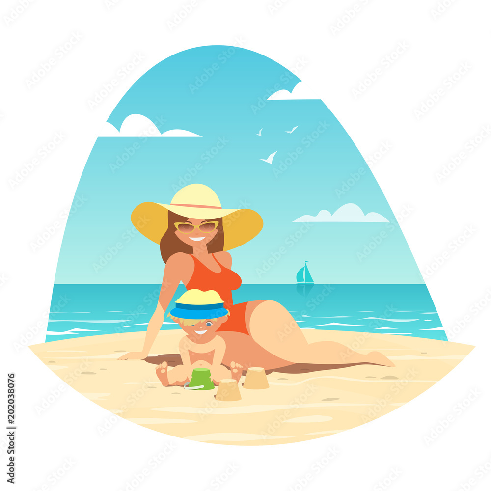 A woman and her child are sitting on a sandy beach by the blue sea. Swimsuit, hat, sunglasses. Vector illustration.