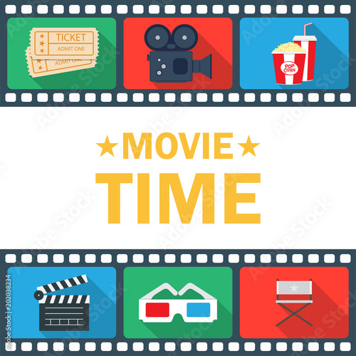 Movie Time Poster with clapperboard  popcorn  ticket  and camcorder  icons set for infographics. Vector illustration.