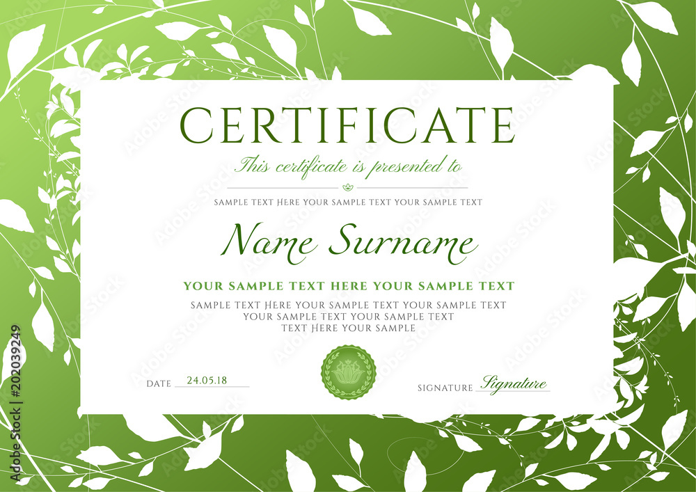 Certificate of completion template with Green floral pattern frame ...