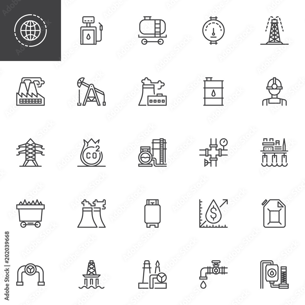 Oil industry outline icons set. linear style symbols collection, line signs pack. vector graphics. Set includes icons as Gas station, Tank, Gauge, Extraction rig, Factory, Pumpjack, Refinery, Platform Oil industry outline icons set. linear style symbols collection, line signs pack. vector graphics. Set includes icons as Gas station, Tank, Gauge, Extraction rig, Factory, Pumpjack, Refinery, Platform