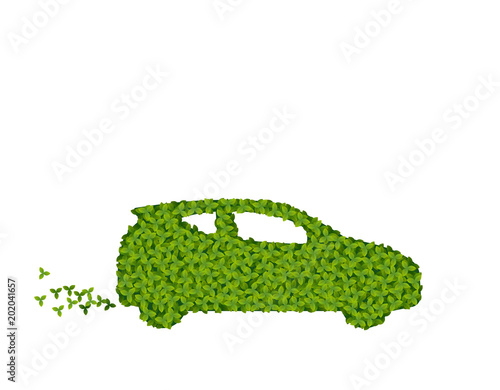 Vector illustration of a  car shape filled with green leaves. Green environmentally friendly transportation.