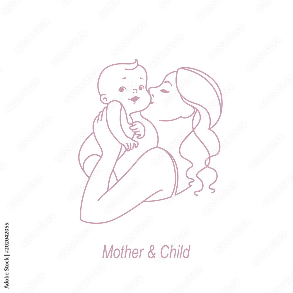 Mother and child line logo. Symbol of baby care. Family, health and medicine emblem. Design template for your product. Vector monochrome icon illustration. Mother and child line logo. Symbol of baby care. Family, health and medicine emblem. Design template for your product. Vector monochrome icon illustration.
