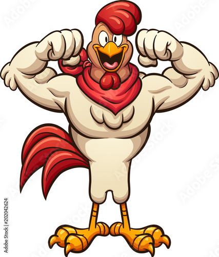Strong cartoon rooster flexing it’s arms. Vector clip art illustration with simple gradients. All in a single layer.