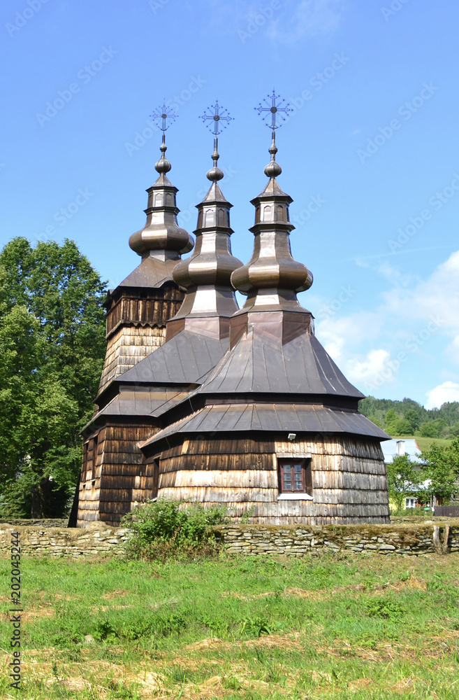 Ancient greek catholic wooden church in Szczawnik near Muszyna, Poland