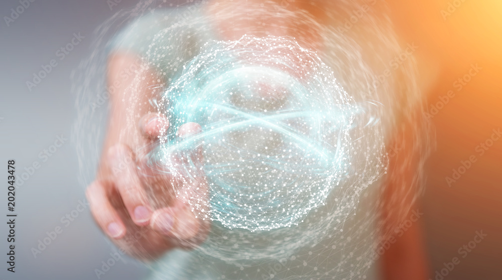 Businesswoman using digital network connection sphere 3D rendering Businesswoman using digital network connection sphere 3D rendering