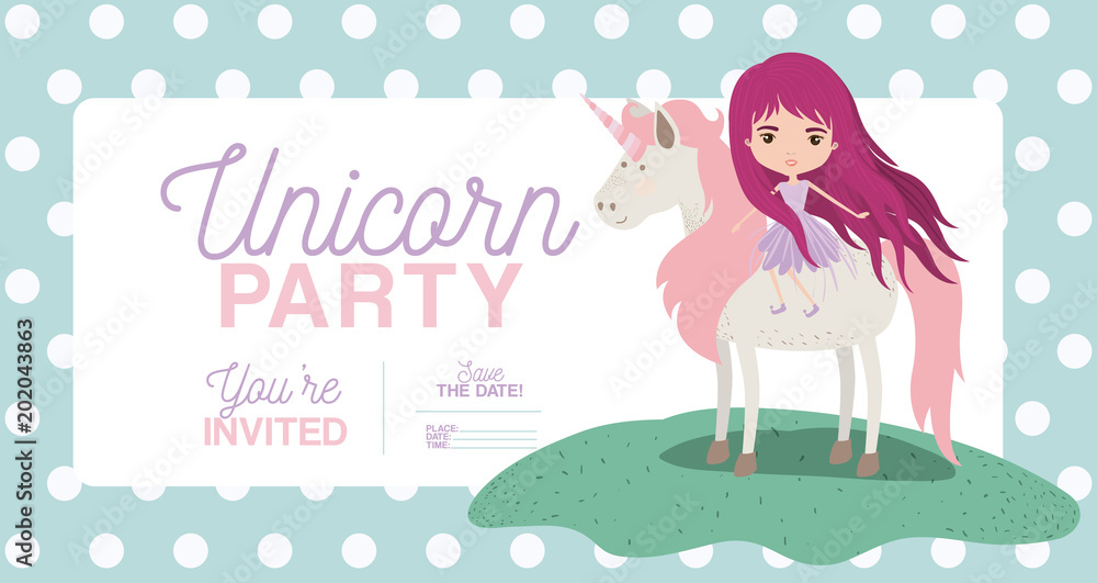 fairy with unicorn invitation card vector illustration design