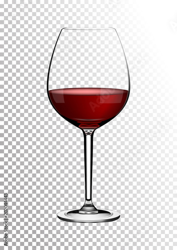 Transparent realistic vector wineglass full of red wine rich dark ruby burgundy color. Illustration in photorealistic style.