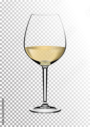 Transparent realistic vector wineglass full of white wine with bright saturated straw colored amber. Illustration in photorealistic style.