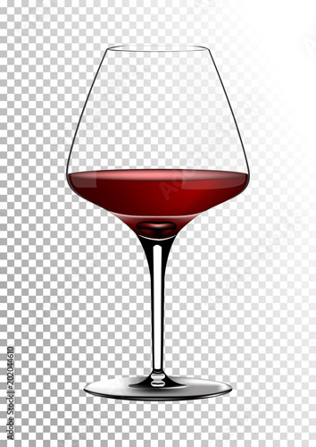Transparent realistic vector wineglass full of red wine rich dark ruby burgundy color. Illustration in photorealistic style.