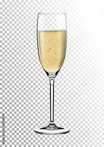 Realistic Glossy Transparent Glass full of Champagne. Bright saturated sparkling straw colored amber. Vector illustration in photorealistic style.